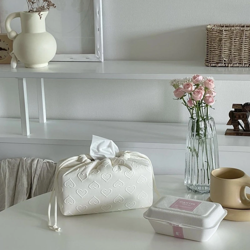 Lovely Heart Pattern Drawstring Tissue Bag Napkin Holder Container Korean Style Portable Newborn Stuff Wet Wipes Organizer 4