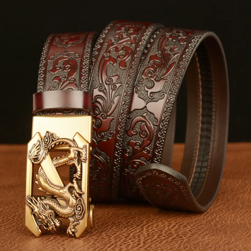 Genuine Leather Men Belt Designer Dragon V Buckle Cowboy Luxury Belts for  Men