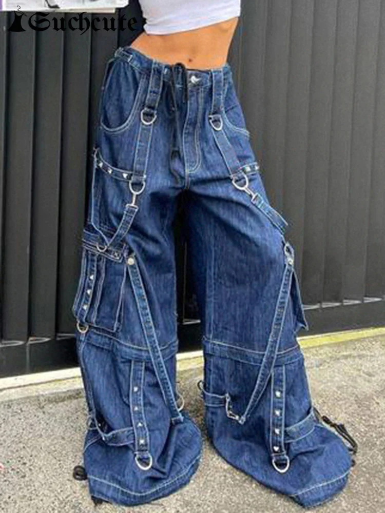 

Streetwear Blue Cargo Wide Leg Jeans Women Low Waist Hip Hop Korean Fashion Denim Trousers Vintage Bondage Baggy Pants