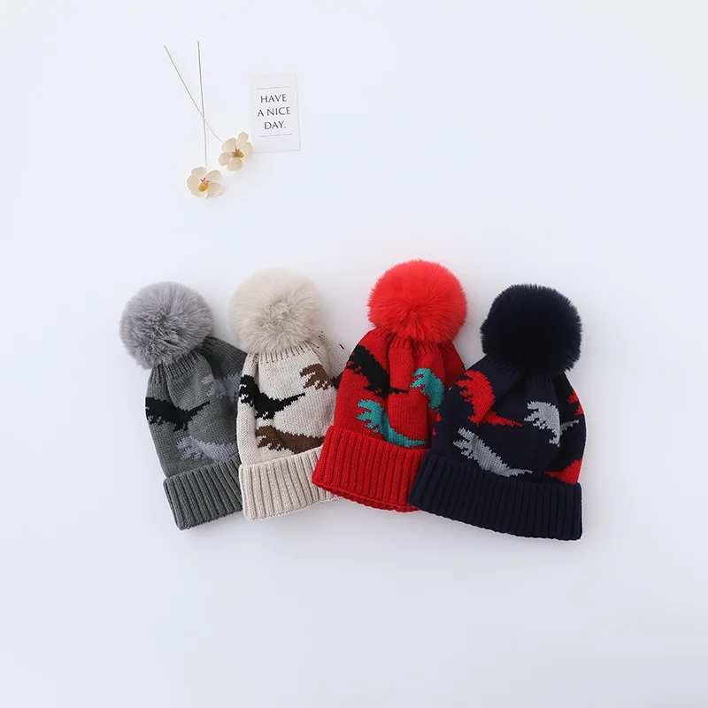 Cute Pompom Dinosaur Baby Hat 2023 Autumn Winter Baby Beanie Woolen Hat Girls Boys Ear Protection Gorras Soft Thick Bonnet Cap