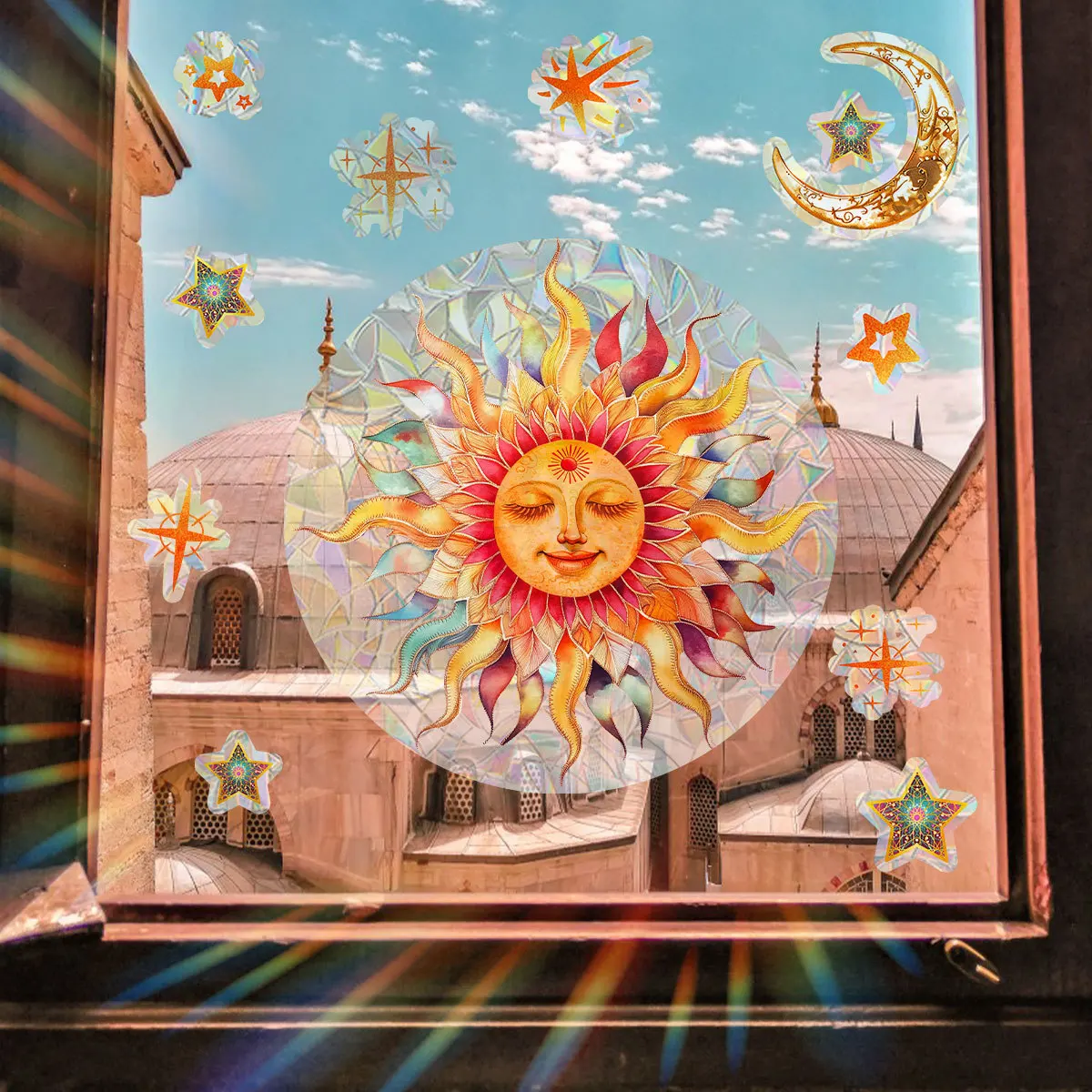 Cartoon Ancient Greek Sun Moon Stars Colorful Static Cling Stickers Stained Glass Decorative Films Window Stickers