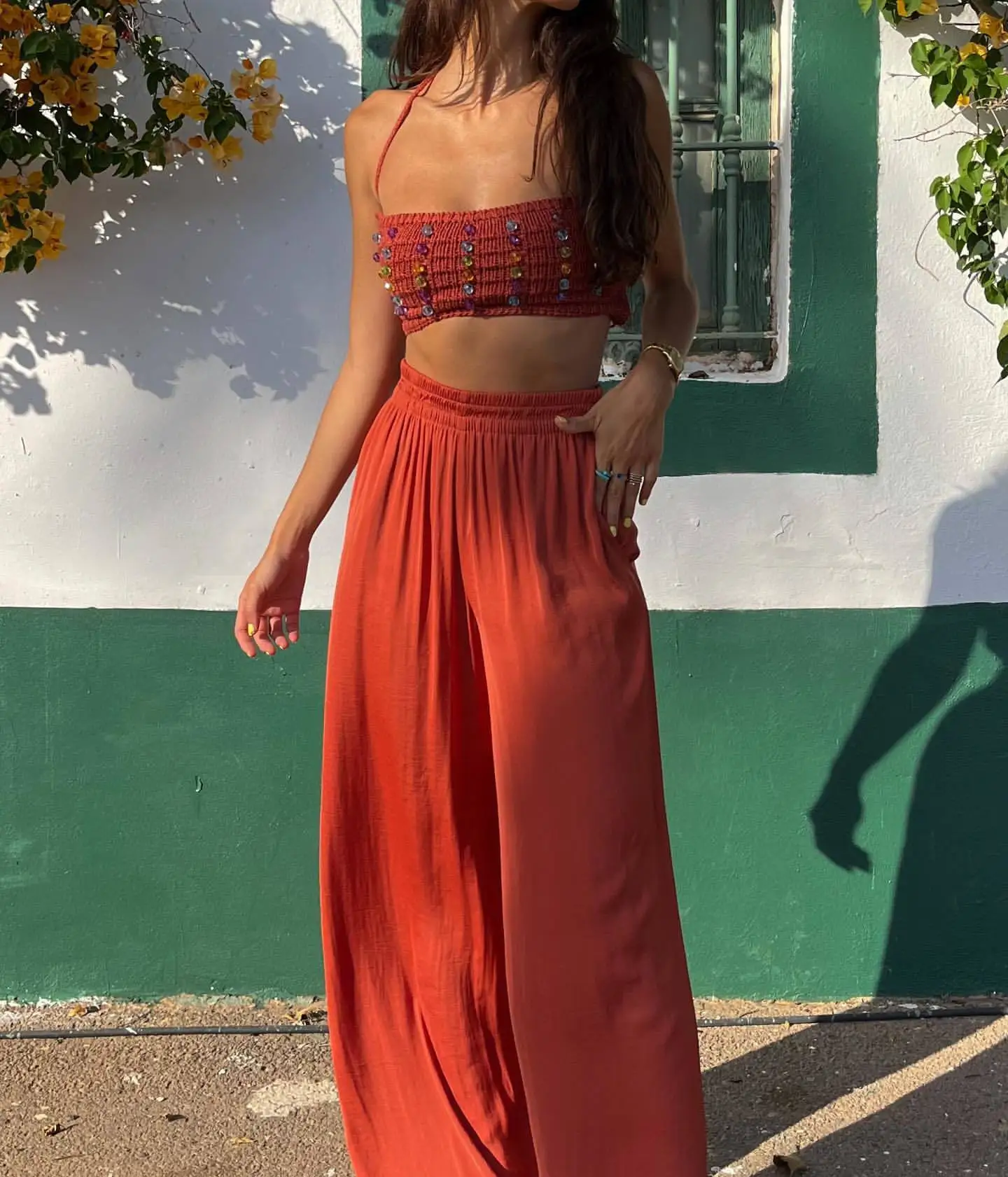 

TEELYNN Beach Wear Knitted Wide Leg Pants Set for Women Vintage Diamonds Crop Tops with Casual Elastic Waist Long Pants Suit