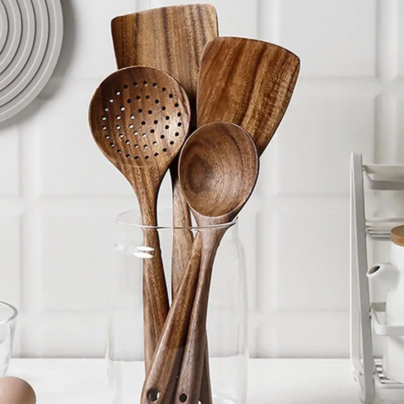 4PCS wooden Cooking Spoons Natural Wooden Kitchen Tableware Tool Soup Spoon Colander spoon Spatula Thin Spatula or Fork Utensils