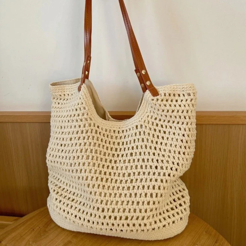Casual Hollow Out Large Capacity Tote Bag Milk Cotton Weave Women Shoulder Bags Handmade Summer Beach Bag Big Bali Shopper Purse
