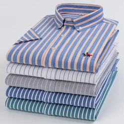 New Men's Short Sleeve Striped Plaid Casual Shirt Cotton Oxford Shirt Men's Pocket Embroidery Regular Fit Button Work Shirt