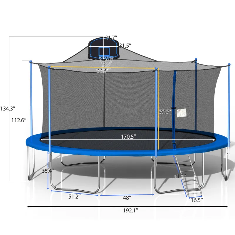 16 FT Jump Recreational Trampoline with Safety Enclosure Net AND LADDER- Fitness Trampoline with Padding Waterproof Jump Mat
