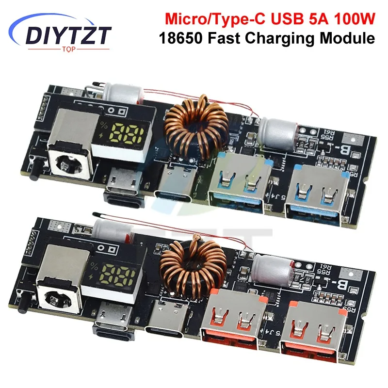 Power Bank DIYTZT QC4.0 QC3.0 LED Dual USB PD Fast Charge 5A 100W Micro/Type-C USB Mobile 18650 Charging Module
