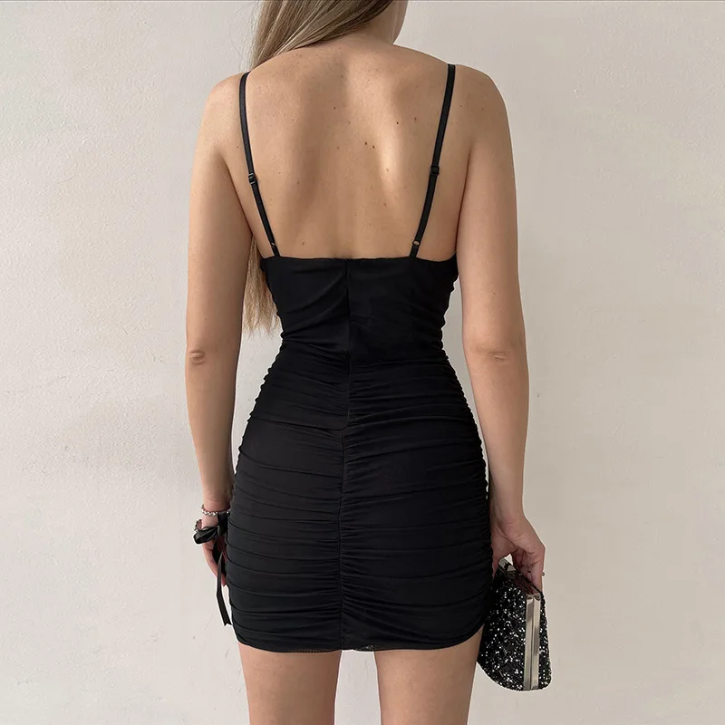 Strap Dress Women'S Fall Sexy Low Back Tight Fitting Chic Slim Waist  Pleated Long Dress - The Little Connection