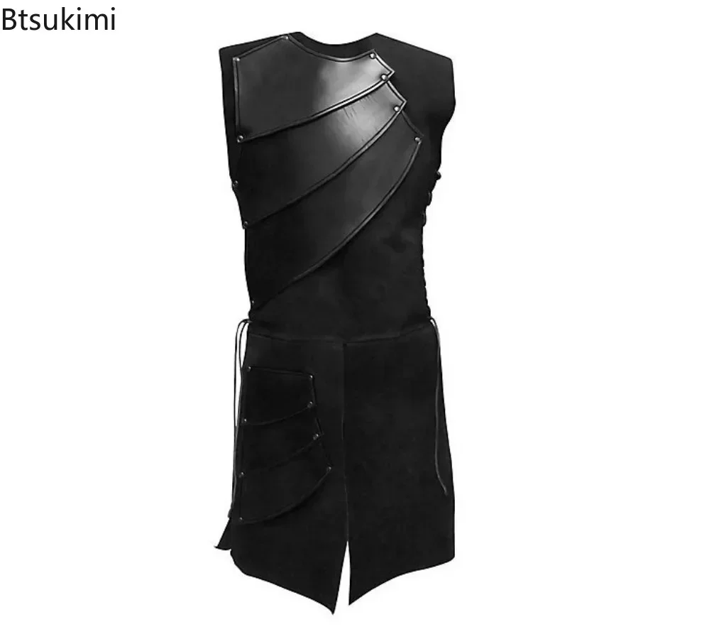 Top senza maniche in pelle da uomo Carnevale medievale rinascimentale Costume cosplay di Halloween Lacci laterali da uomo Abbigliamento per spettacoli teatrali - immagine 2