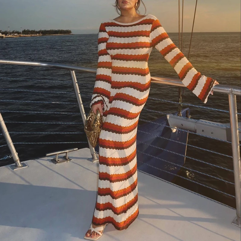 

Women's Cotton Knitted Bodycon Backless Dress Striped Hollowed Out Flared Sleeves Ruffle Vestidos O-neck Vacation Wave Cut Robe
