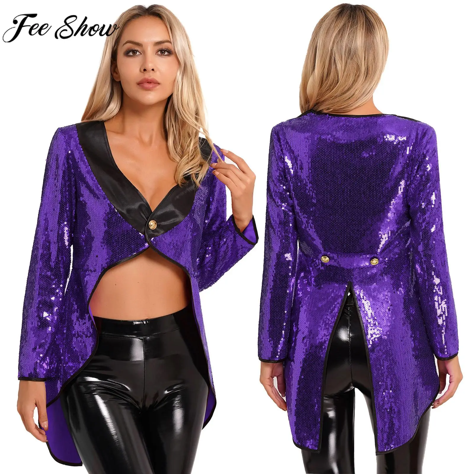 

Womens Circus Ringmaster Cosplay Costume Halloween Theme Party Magician Stage Performance Clothes Shiny Sequin Tailcoat Jacket