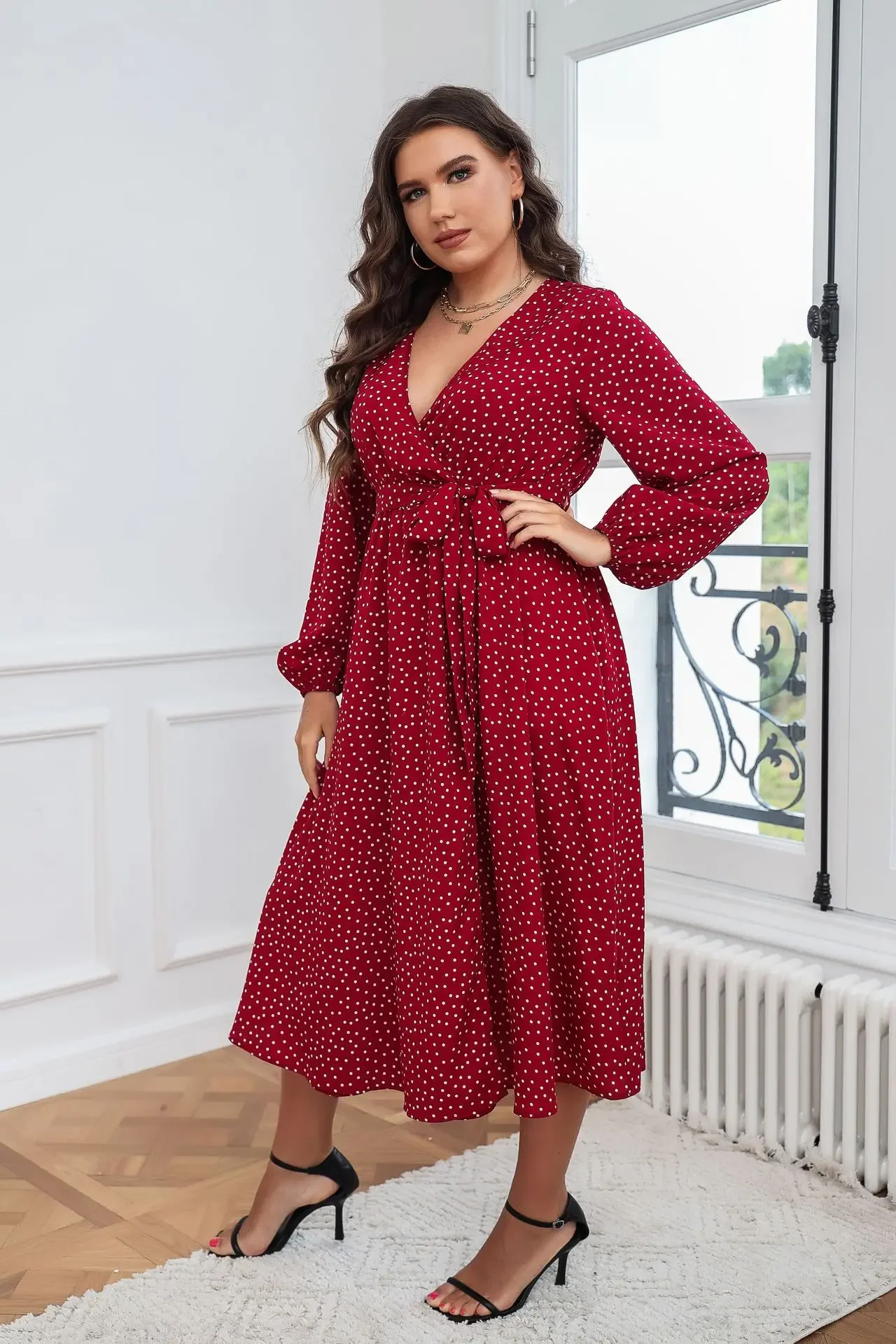 Plus Size Wrap V Neck Dresses Dotted Print Long Sleeves Boho Spring Fall A Line Swing Maxi Dress photo