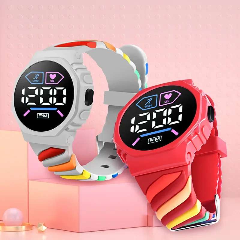 New Outdoor Sports Electronic Watch for Kids Rainbow Silicone Watch Strap Waterproof LED Children Digital Watches Girl Boy Gifts 2