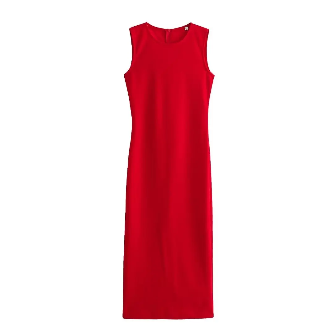 

Women 2023 New Chic Fashion Series straight Slim Sleeveless Midi Dress Vintage O Neck Back Zipper Female Dresses robe Mujer