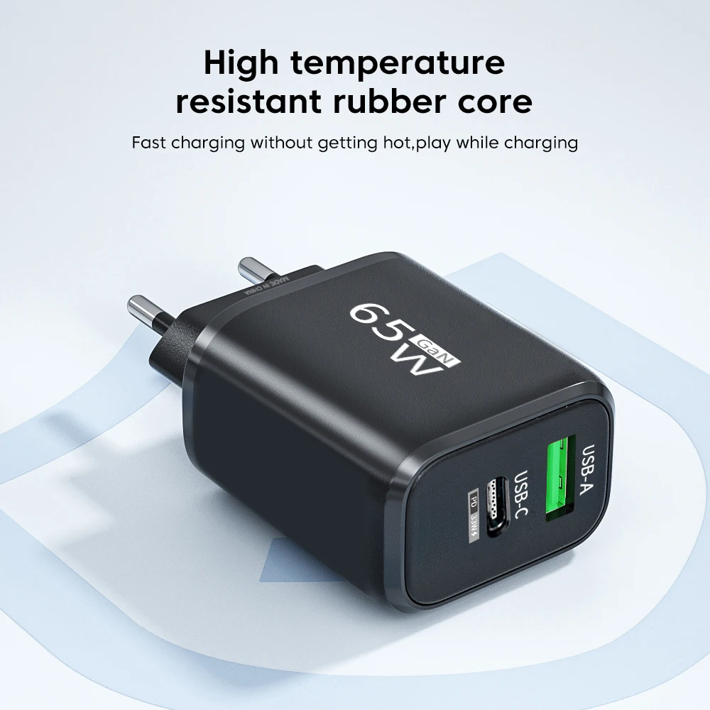 Total 65W GaN USB C Cables Fast Charging Chargers Type C Quick Charge 3.0 PD Fast Charging 2 Ports Wall Adapters with Data Cable