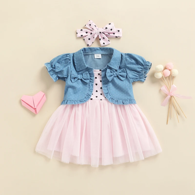 0-3 Years Baby Girls Dress Set Spaghetti Strap Sleeveless Tulle Tutu Dress with Short Sleeve Jacket and Headband Children Sets