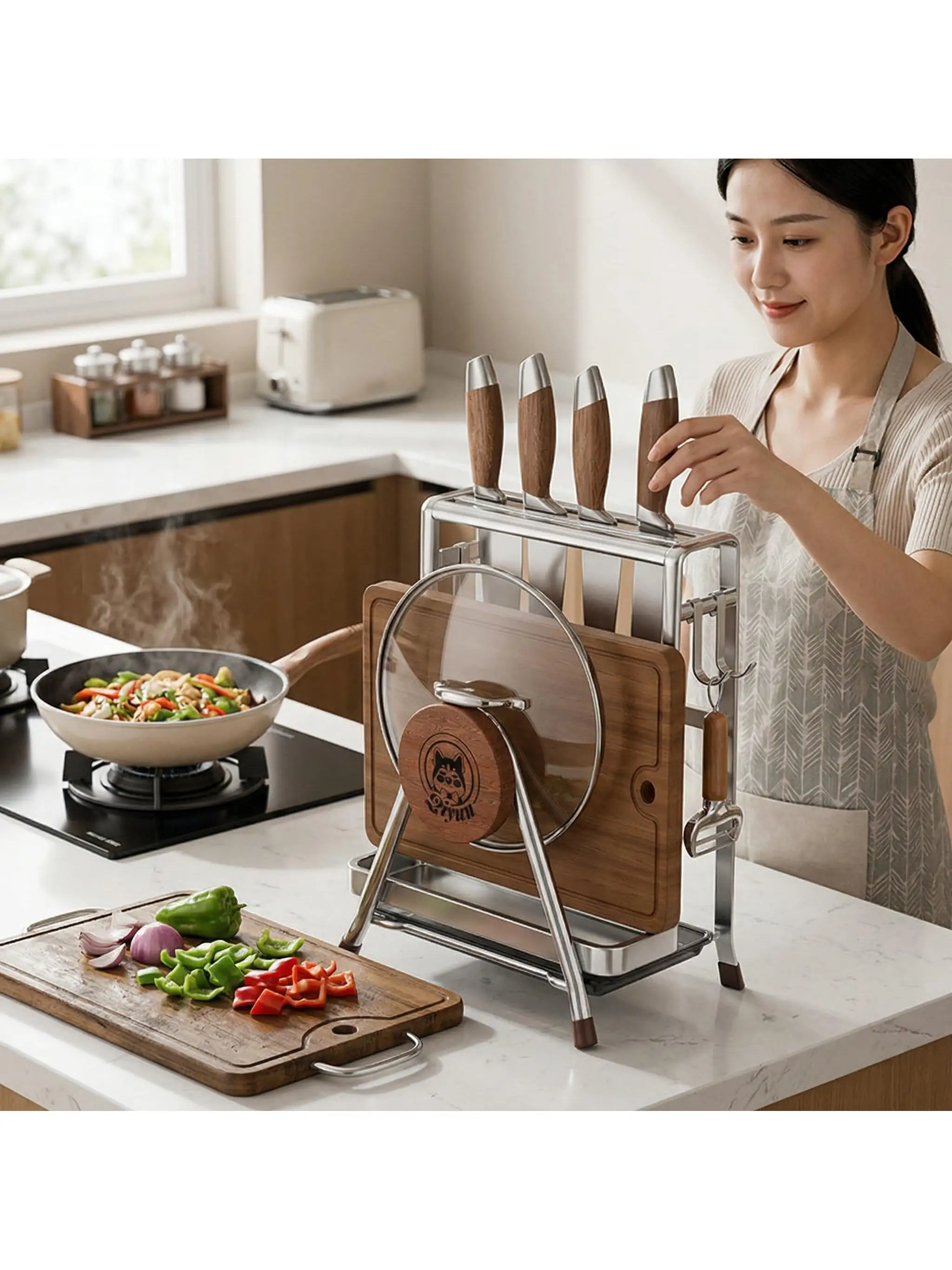 스테인리스 스틸 도마 칼꽂이 주방 조리대 가정용 수납 냄비뚜껑 도마 정리대 주방 수납 선반