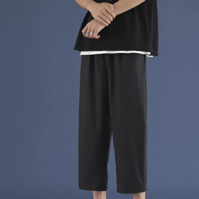 Summer New Elastic Waist Fashion Solid Color Straight Pants Man High Street Casual Loose Ice Silk Fabric Thin Wide Leg Trousers