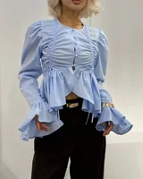 Haut plissé uni à manches lanternes pour femme, décontracté, avec volants, ourlet asymétrique, boutonnage simple, cordon de serrage, coupe courte, pour usage quotidien 6