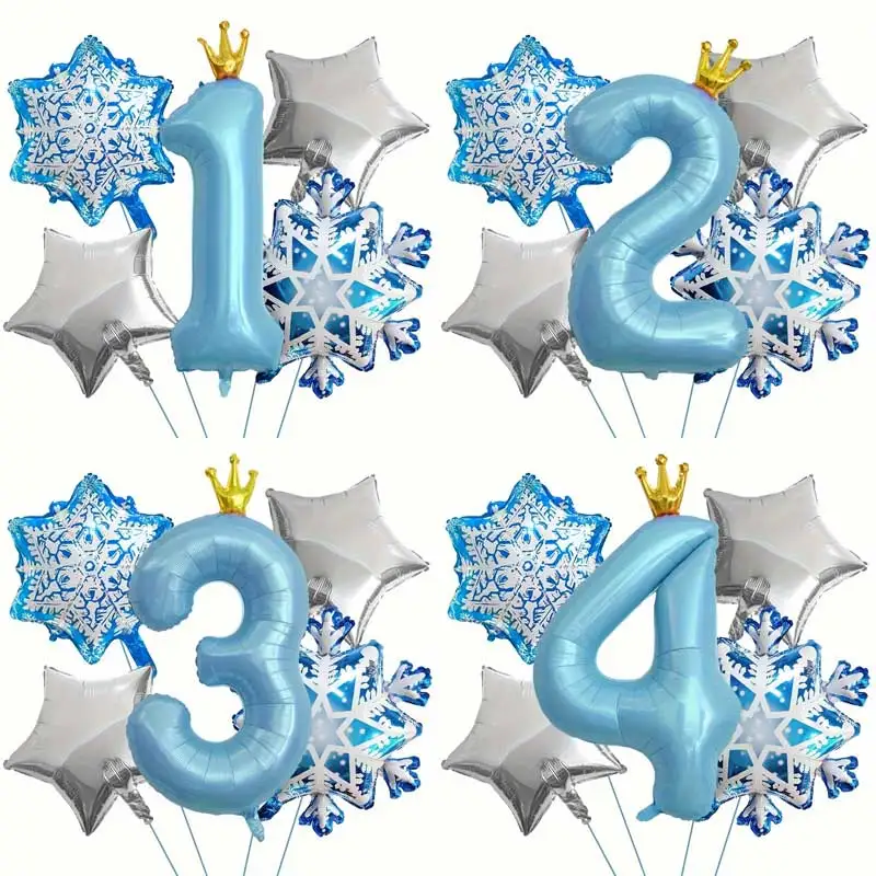 5 Stück Schneeflocken-Folienballons mit 40 Zoll blauer Kronen-Zahlenballon für Prinzessinnen-Thema, 1. Geburtstag, Party-Dekoration, Babyparty