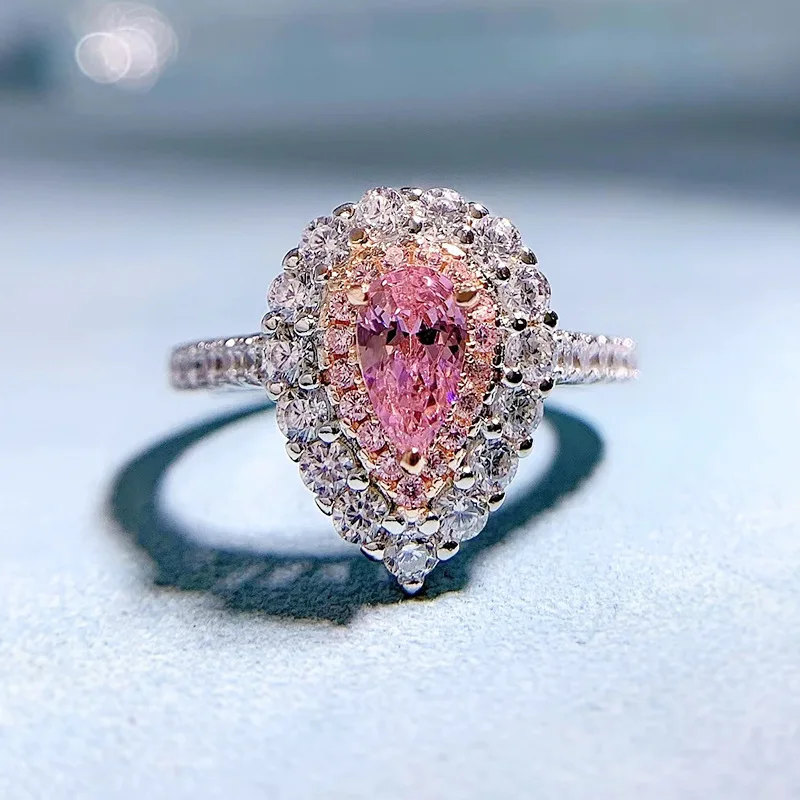 

925 Silver S925 Silver High Carbon Diamond Pink Diamond Pear shaped 4 * 7 Water Drop Color Separation Ring Wholesale for Women