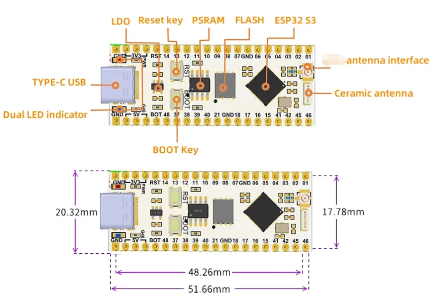 ESP32S3 NANO ESP32-S3 WROOM N16R8 CAM Entwicklungsboard WiFi + BLE Wireless 2,4G Wi-Fi Modul OV2640 OV5640 OV3660 Kamerakern – Detail 9