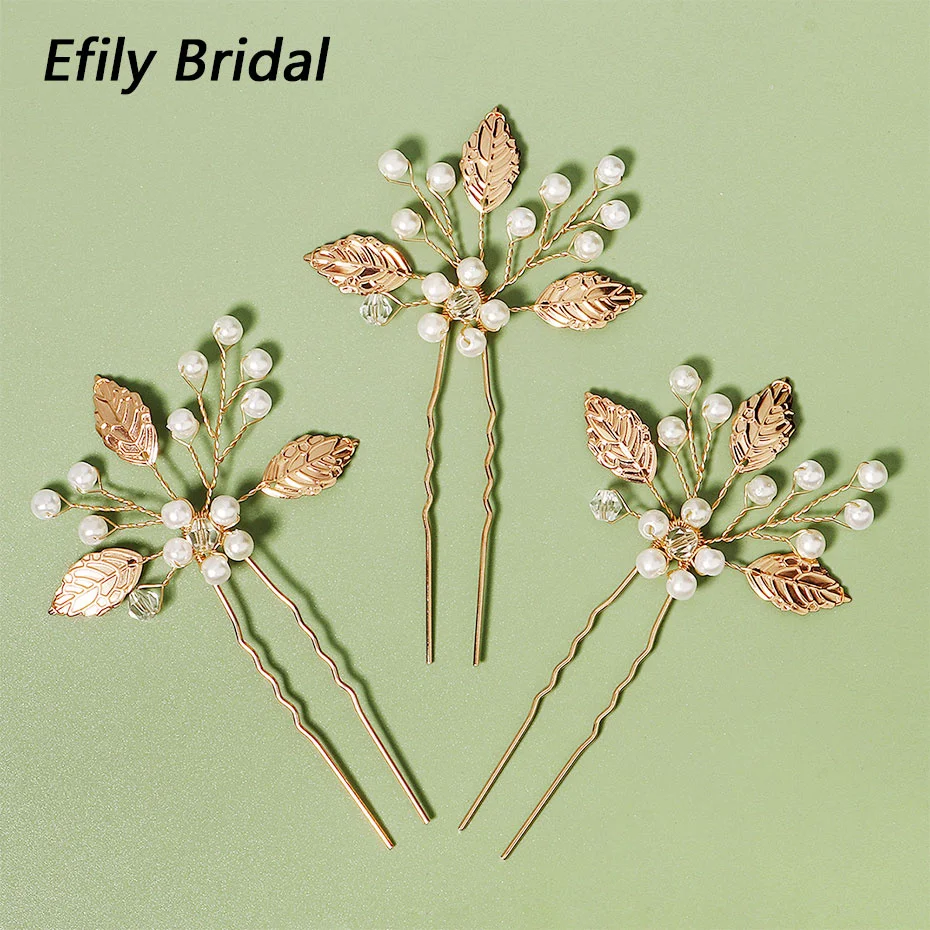 

Efily Gold Color Leaf Pearl Wedding Hairpins Women Head Jewelry Bride Hair Accessories Crystal Bridal Headpiece Bridesmaid Gift