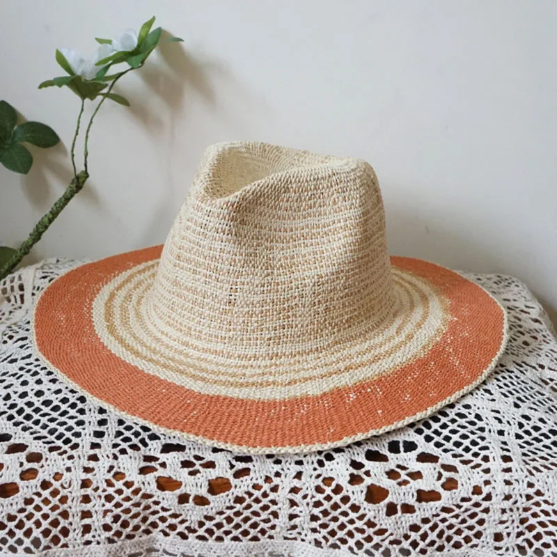 

Tie Die Striped Summer Panama Hat Travel Holiday Straw Hat Women Sun Hat Wide Brim Beach Hat Stage Performance Jazz Top Fedoras