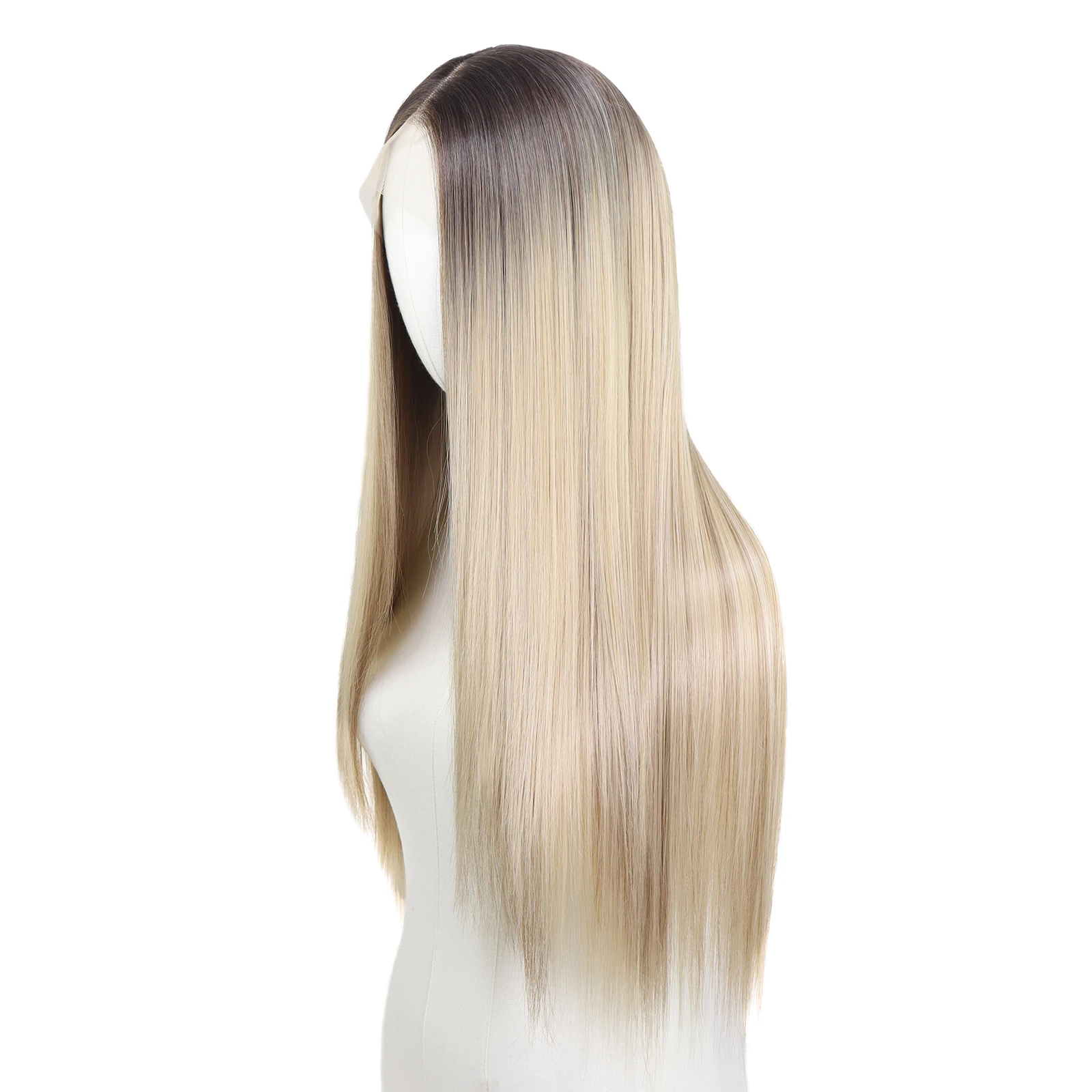 30 Inch Highlight Blonde Synthetic Lace Front Wigs Dark Roots Straight Long Ombre Ash Blonde Pre Plucked Colored Wigs for Women,synthetic wig