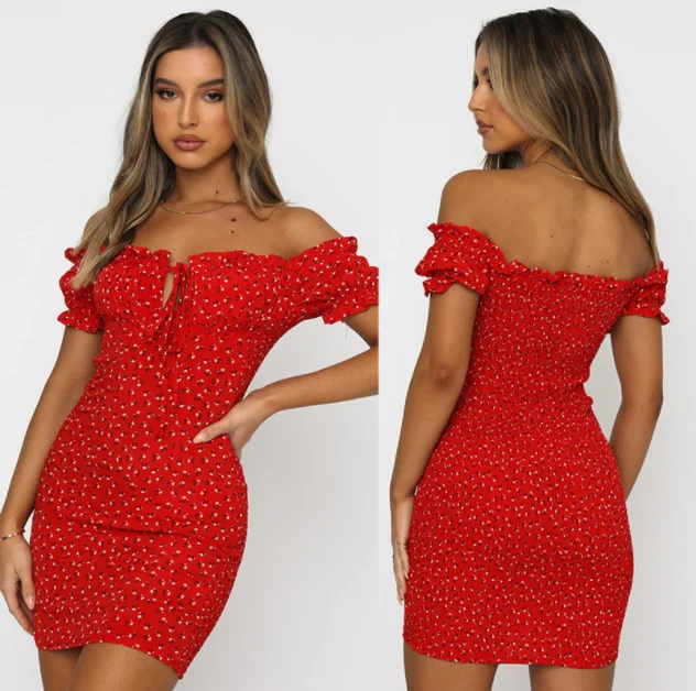 

Summer Women Floral Wrap Dress Off Shoulder Tie Up Front Ruffle Mini Dress Office Lady Slash Neck Printed Pencil Dress