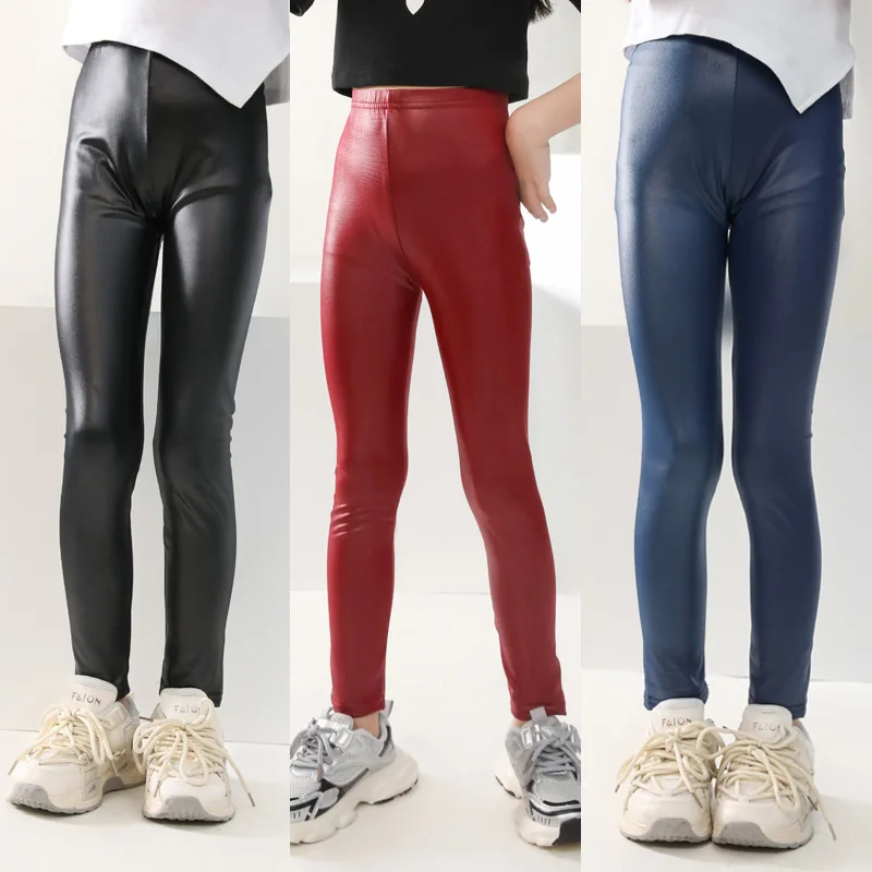 Faux PU Leather Slim Children Girls Tight leggings for Kids Spring Autumn