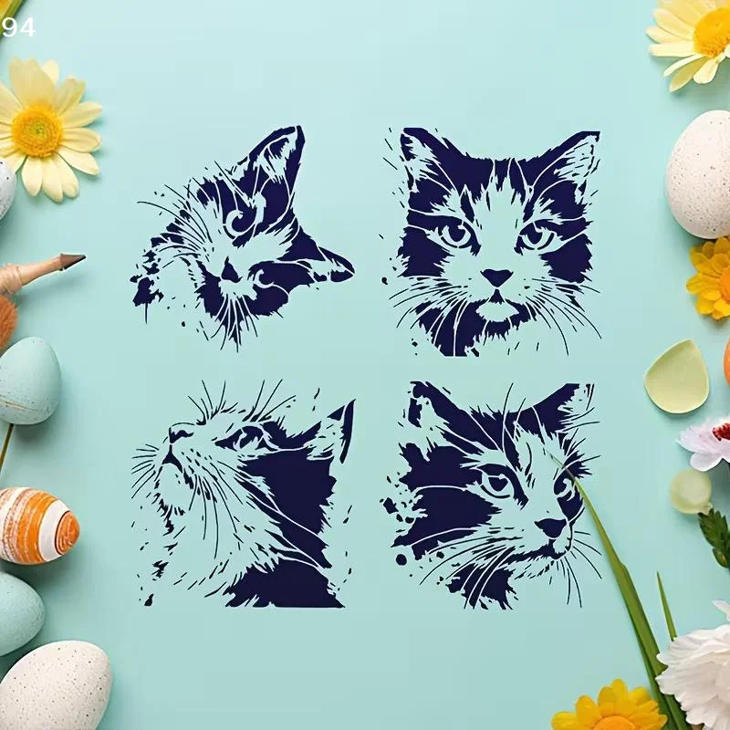 4개/세트 고양이 그림 스텐실, 귀여운 새끼 고양이 패턴이 있는 재사용 가능한 속이 빈 DIY 몰드, 나무 간판, 벽, 저널에 적합