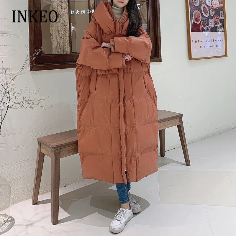 

Winter Hooded Puffer jacket Warm Women's brown Oversize cotton padded long coat Maxi Outwear Female snow wear INKEO 2O081