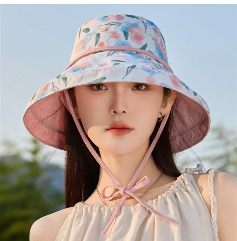 Spring Summer Double-sided Wear Printed Large-brimmed Fisherman's Hat Women Outdoor Face Shade UV Sunscreen Hat Sun UPF50+