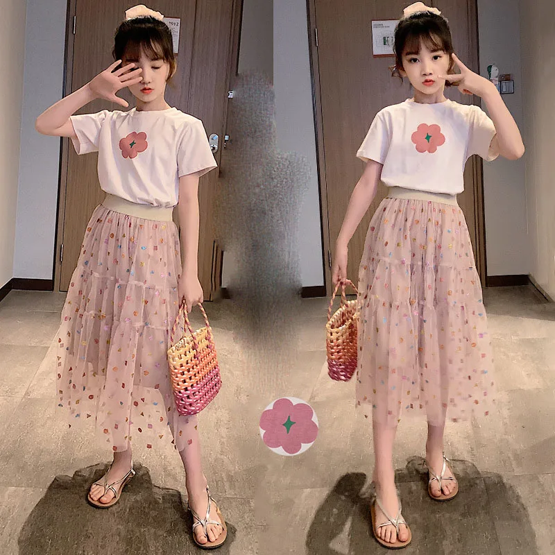 

Children Clothing cotton Girls Set Summer New Korean Edition Children's clothes Mesh Skirt Short Sleeve Top Two Piece Sets
