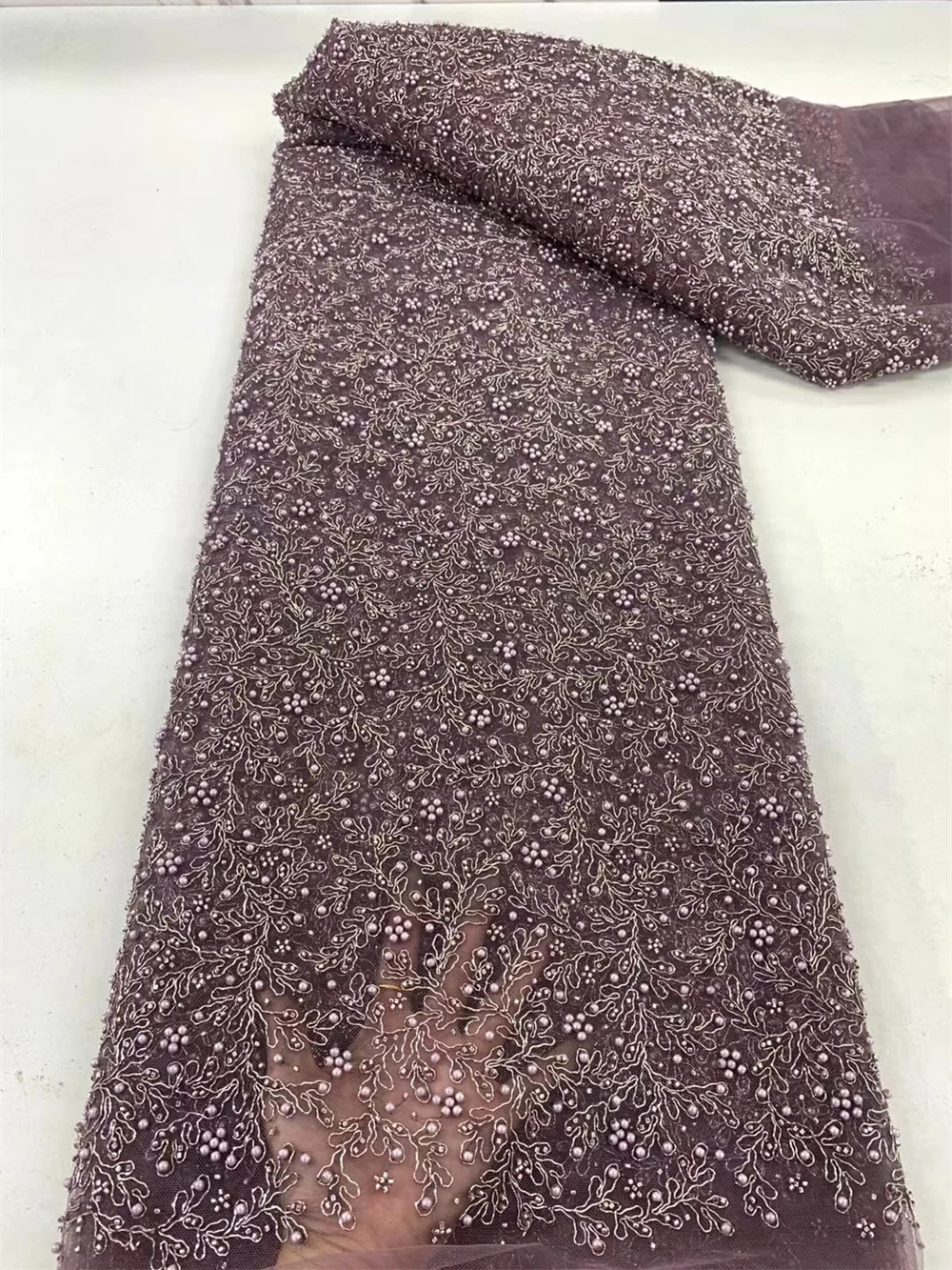 

Luxury African Fabrics 5 Meters Embroidered Brown Lace Fabric High Quality African Beaded Lace Fabric Prom Dresses Wp12-4