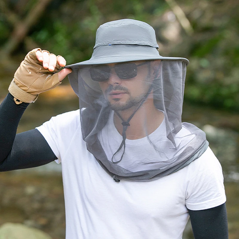 

Anti Mosquito Hat Men Outdoor Working Summer Sun UV Protection Mesh With String Wide Brim Fishing Hiking Accessory