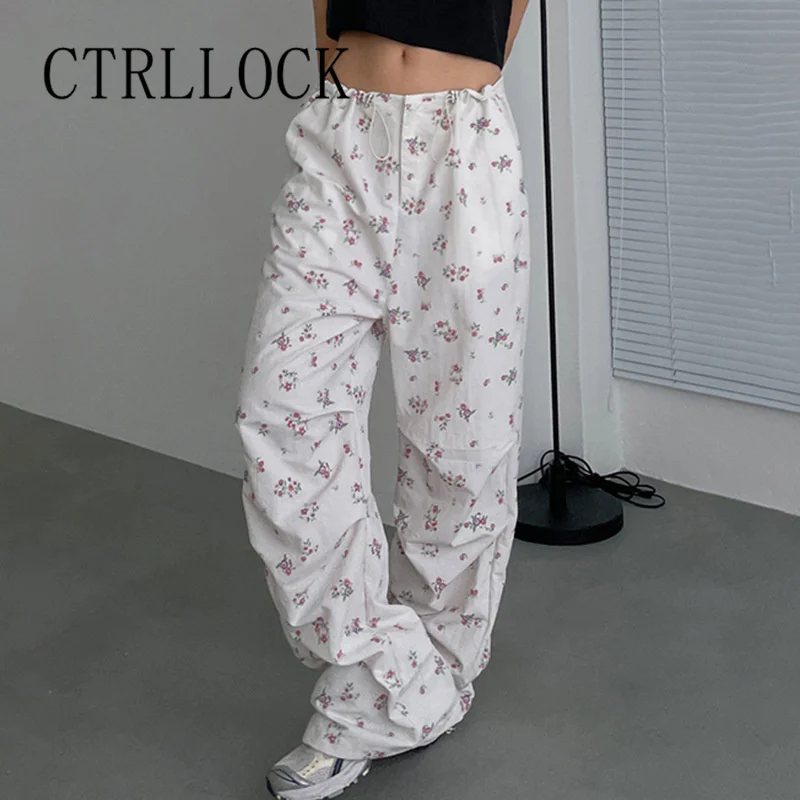 

CTRLLOCK Grunge Loose Shirring Floral Contrast Color Casual Pleated Women's Drawstring Pants