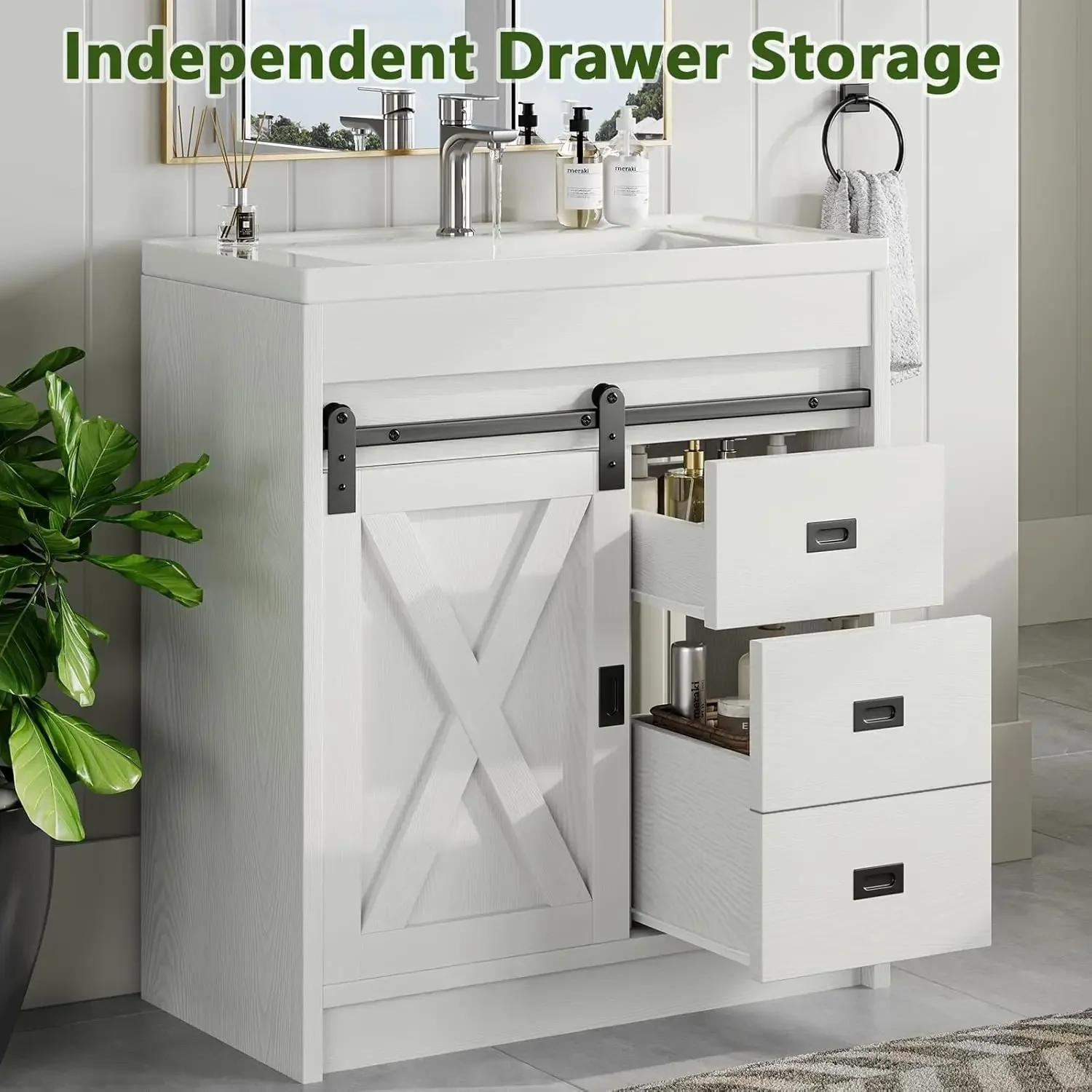 Farmhouse Bathroom Vanity with Sink Combo, 31" Bathroom Sink Cabinet with Drawers & Sliding Barn Door, Bathroom Vanity Cabinet 5