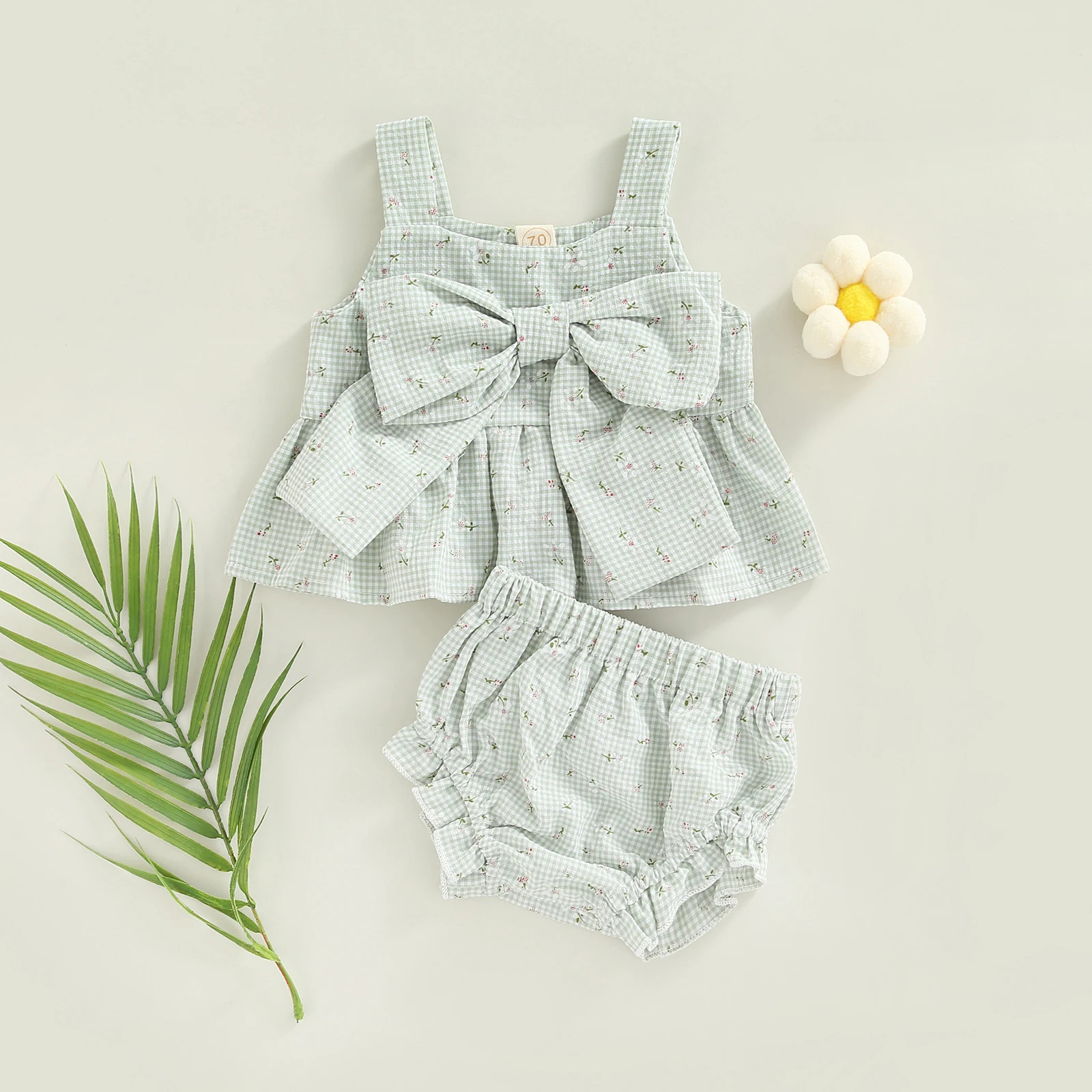 Citgeett Summer Infant Baby Girl Outfits Suit Plaid Pattern Floral Printed Bowknot Suspender Tops Shorts Clothes Set