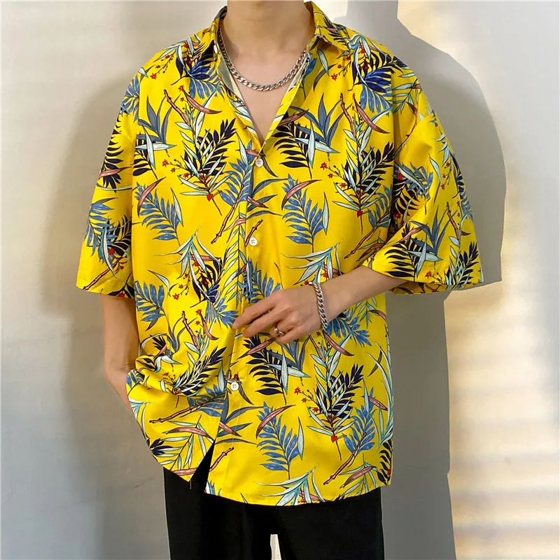 

Summer Men's Fashion Vintage Short Sleeve Floral Shirt Handsome Casual Half Sleeve Top Loose Hawaiian Beach Vacation Print Shirt