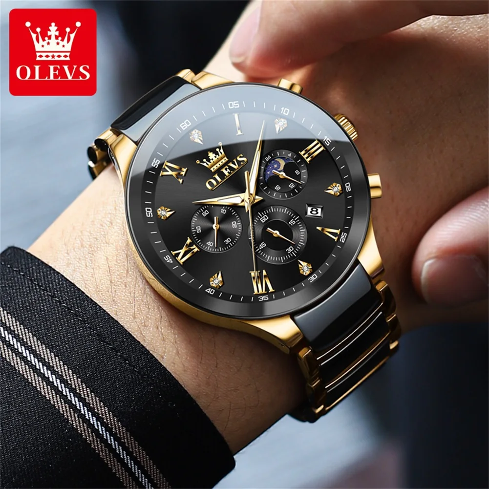 OLEVS Luxury brand Men's Watches 44mmDial Ceramic strap Moon Phase Waterproof Quartz Watch for Man Chronograph Roman Scale Watch