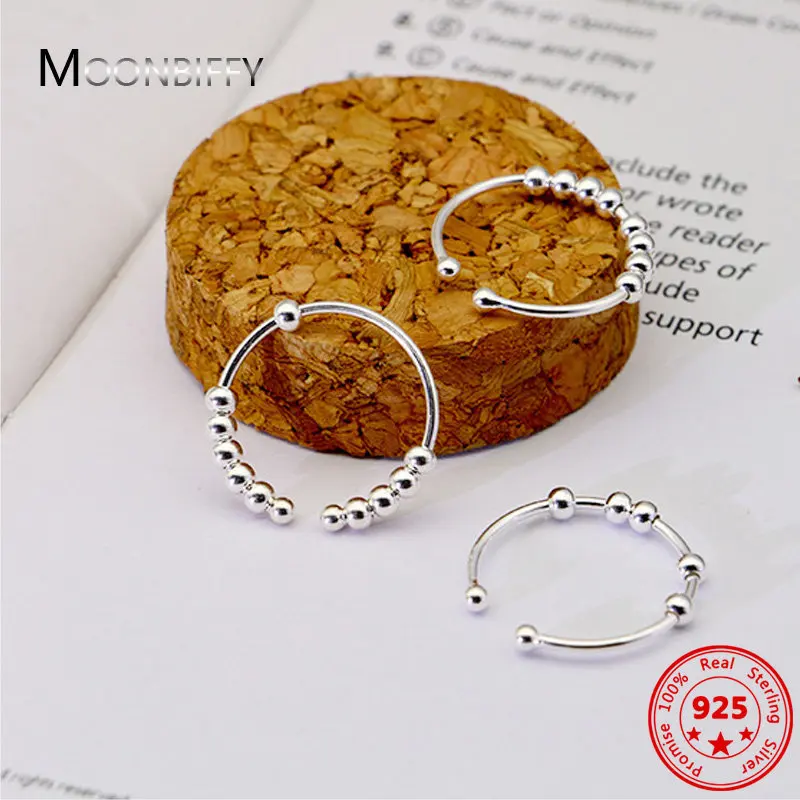 New True 925 Sterling Silver Ladies Men's Free Spin Stress Anxiety Ring Sterling Silver Fidget Beads Adjustable Ring