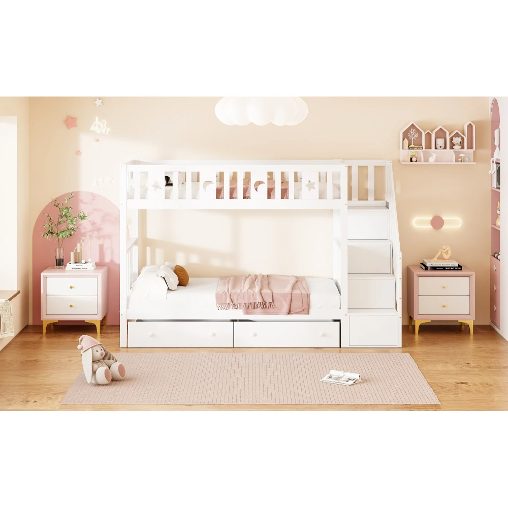 Kinderbett 90*200cm, Etagenbett aus Massivholz mit Sicherheitstreppe, Stauraumtreppe, zwei große Schubladen und Gitter, Weiß – Detail 17