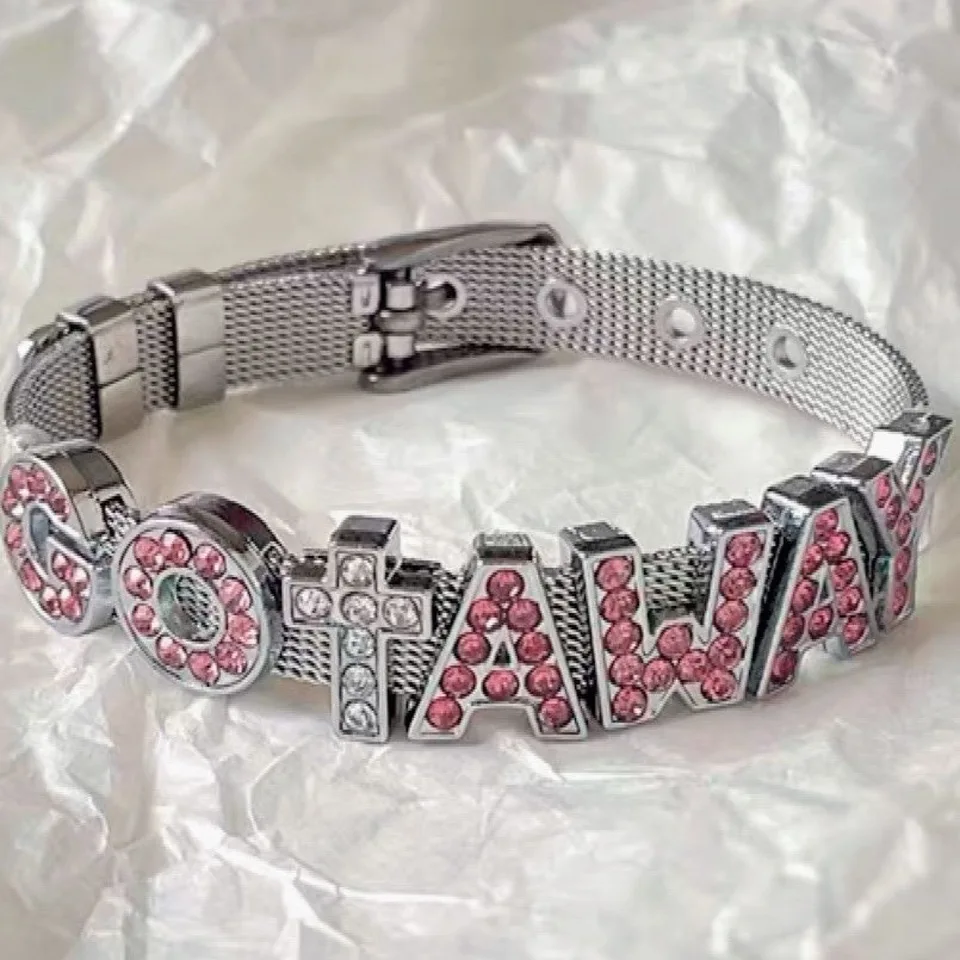 Y2K Cross Pink Rhinestone Letters Bracelet for Women Egirl