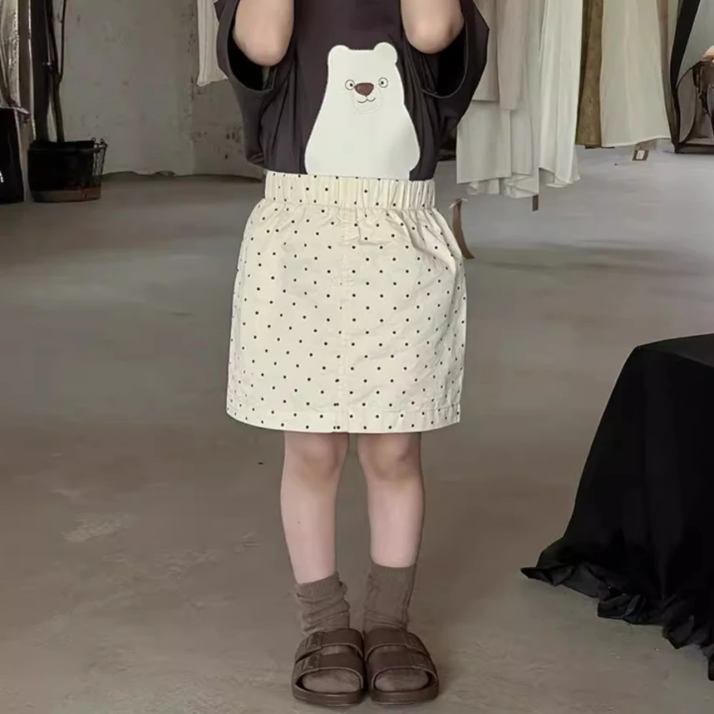 여아용 폴카 도트 가방 짧은 치마, 귀여운 한국 스타일, 여아 종아리 허리 부드러운 안전 바지, 2024 여름 신상