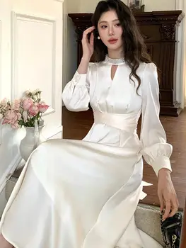 Elegante abito formale da donna Stilista coreano di lusso Colletto con perline solide Manica a lanterna Abiti midi neri Temperamento