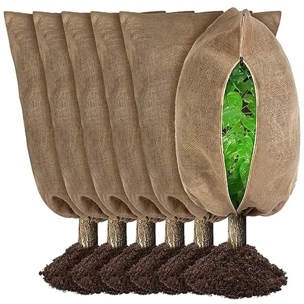 6-Pack Winter Plant Freeze Protection Bags 39.4" x 31.5" Burlap Covers Drawstring Zipper Versatile Garden Frost Cloth Roses