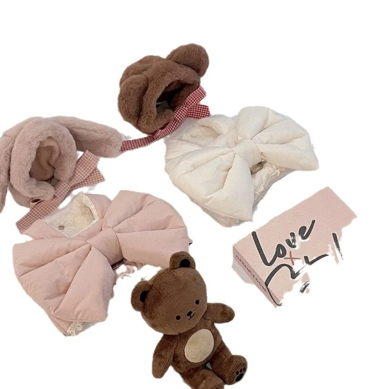1/Set Ins  Cute Dog Bow Winter Plush Coat Dog Chest Vest Style Traction Teddy Pet Dog Harness Rabbit Hat Cat Puppy Accessories