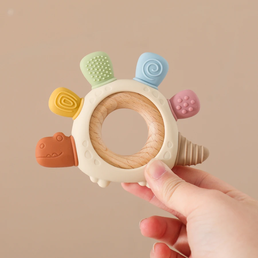 Baby Silikon Beißring Grade Lebensmittel Silikon Dinosaurier Holz Ring Baby Pflege Zahnen Spielzeug Zahnpflege Silikon Kaugummi Baby Spielzeug – Detail 8
